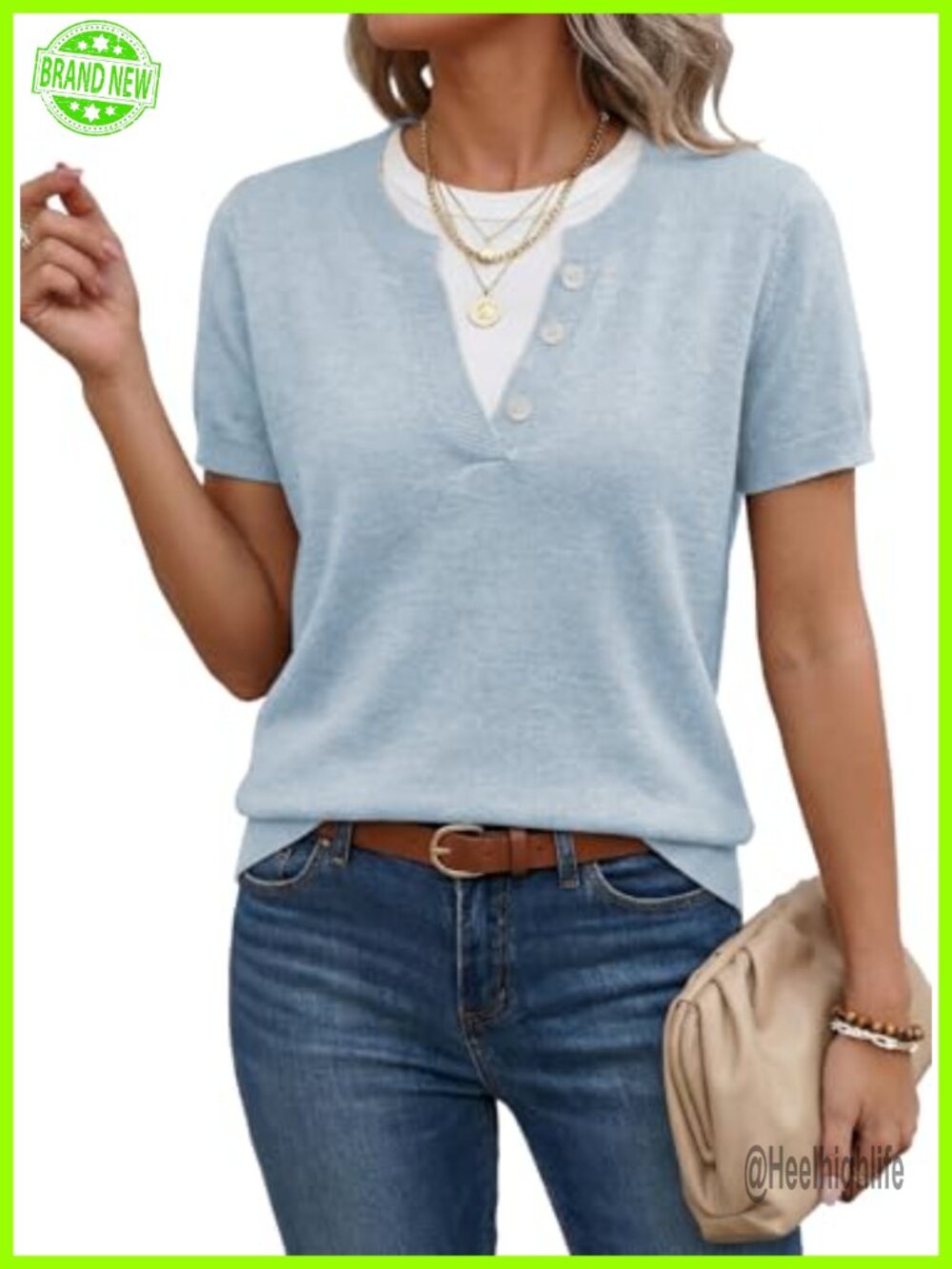 Lightweight Short Sleeve Sweater Faux Layered Knit Business Casual